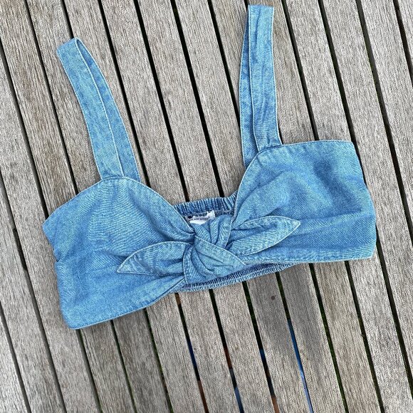 American Eagle Outfitters Denim Crop Top with Front Tie – Size S - Picture 2 of 7
